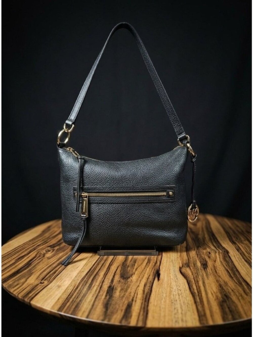Michael Kors Rhea Black Pebbled Leather Shoulder Bag